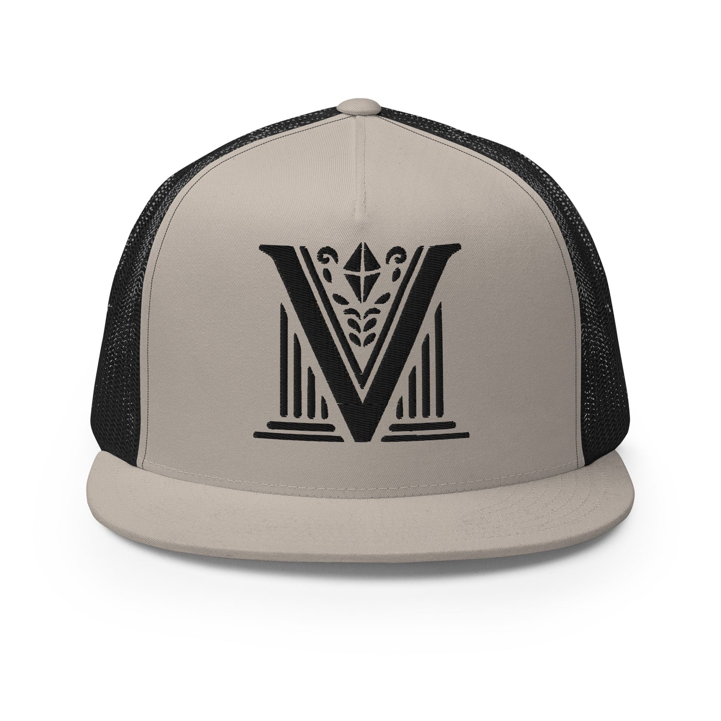 Embroidered - Black Virtus Logo Flat Billed Trucker Hat