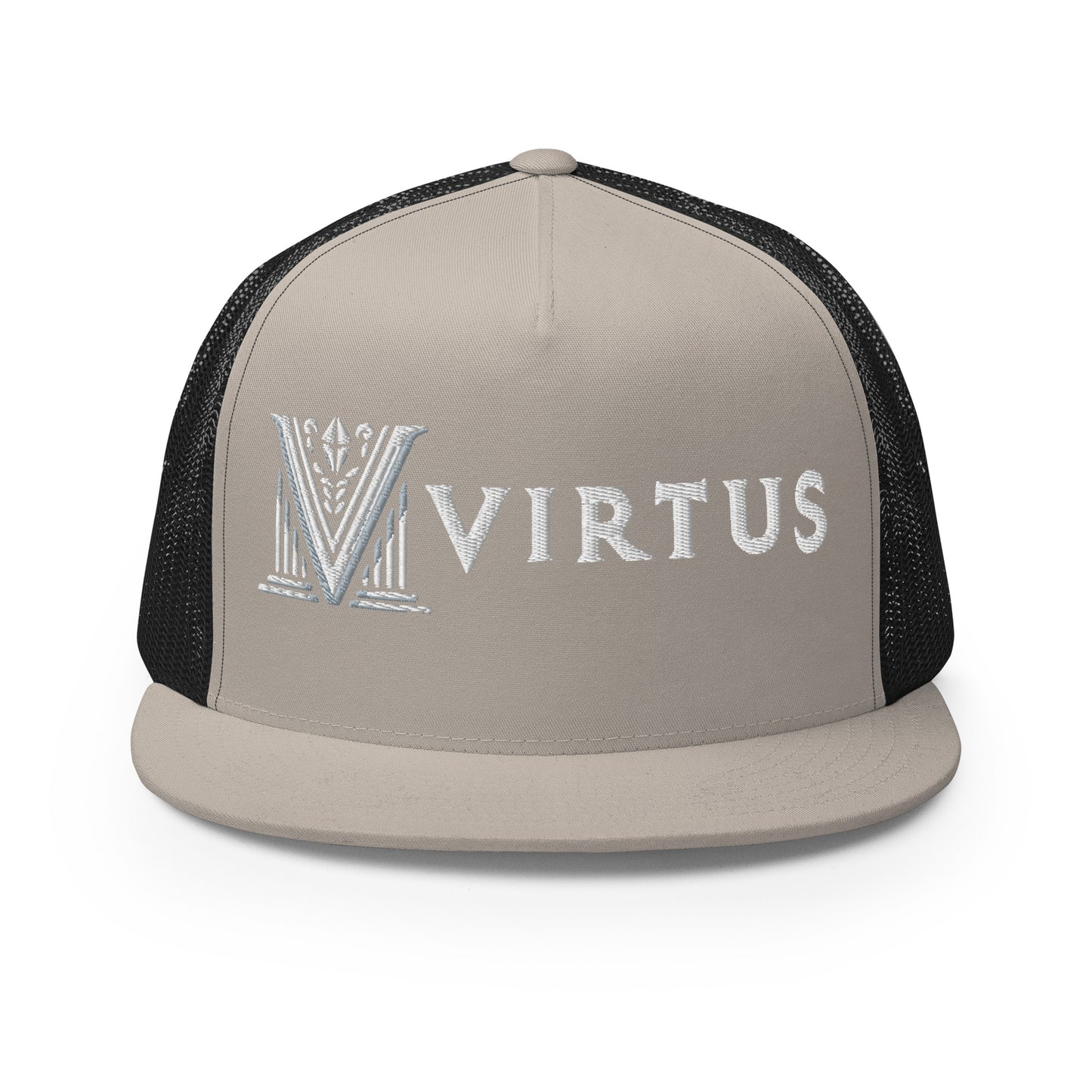 Embroidered - White Virtus Flat Billed Trucker Hat