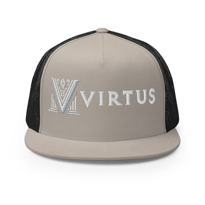 Embroidered - White Virtus Flat Billed Trucker Hat