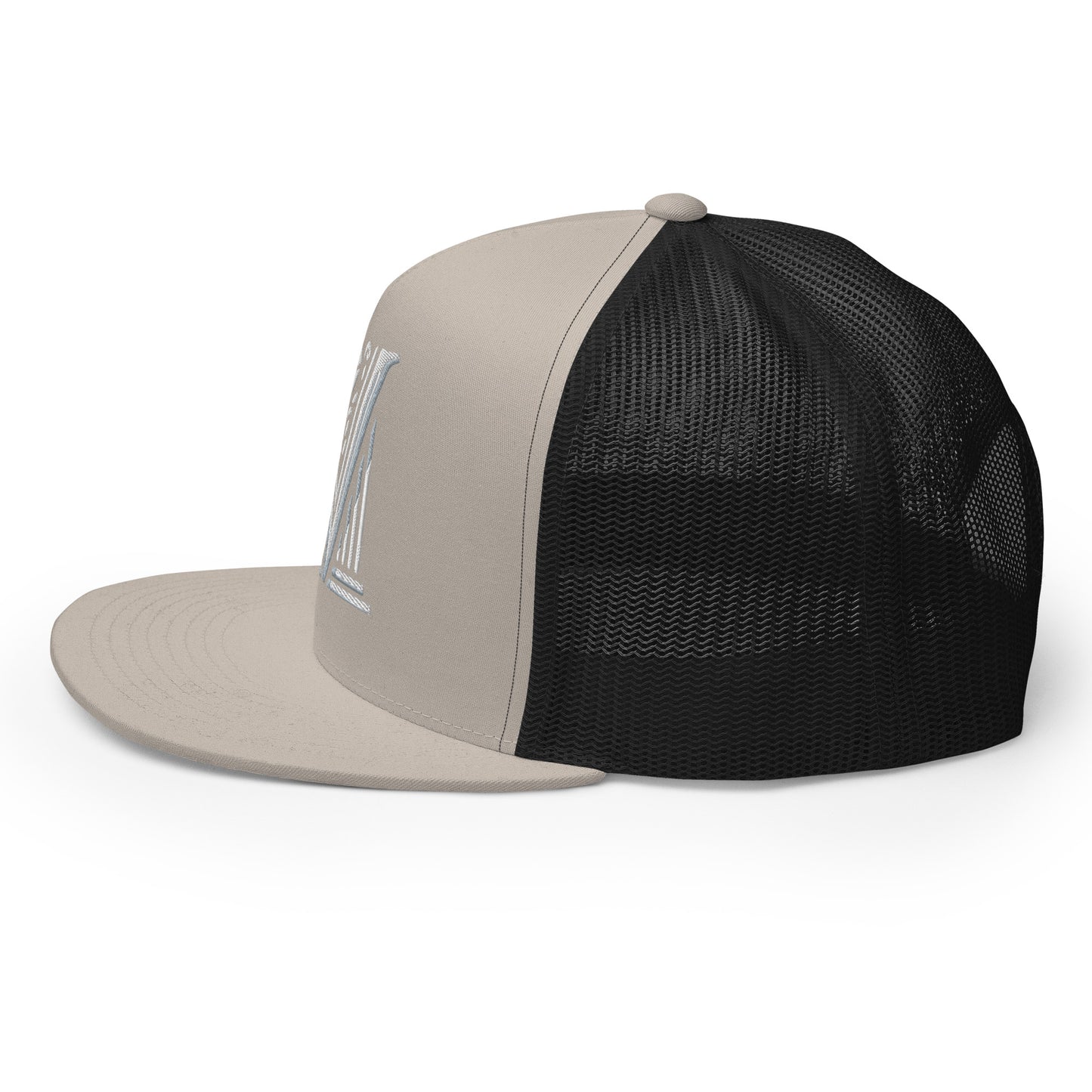 Embroidered - White Virtus Logo Flat Billed Trucker Hat