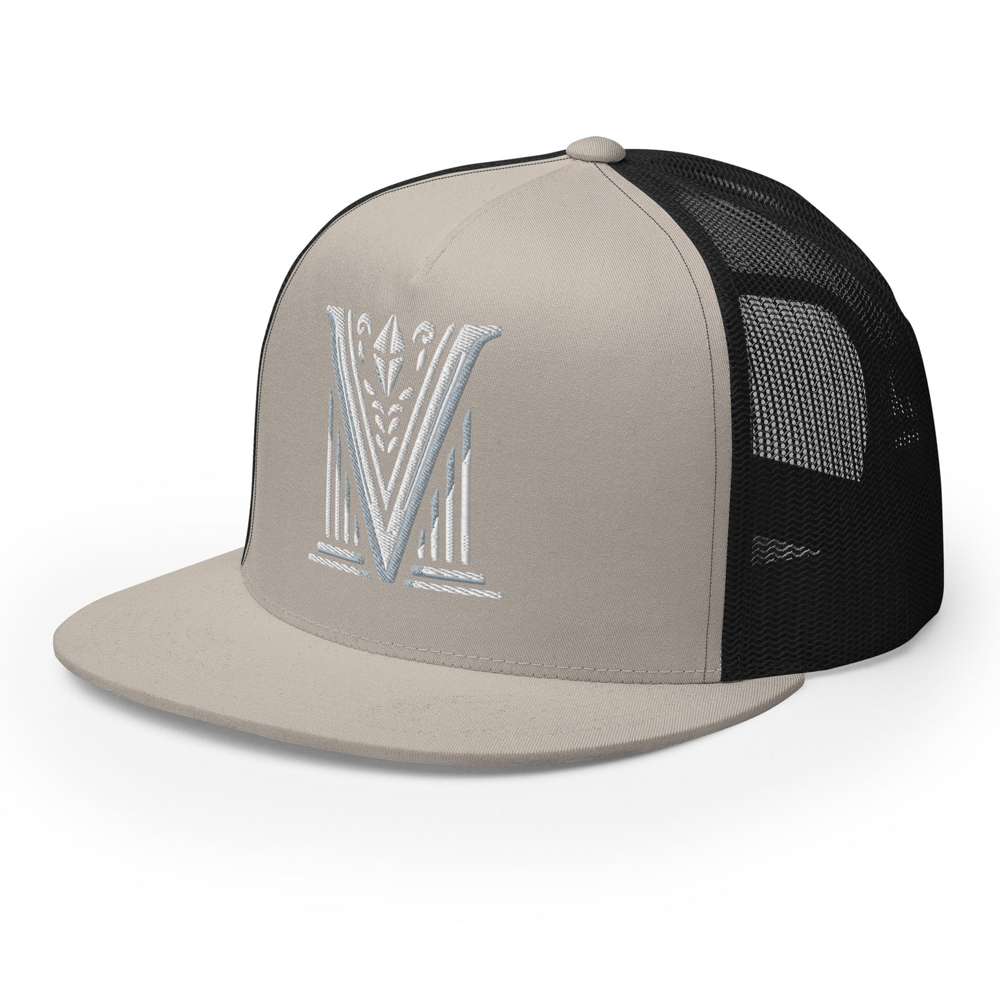 Embroidered - White Virtus Logo Flat Billed Trucker Hat