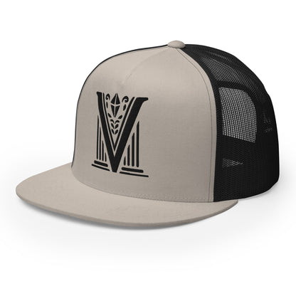 Embroidered - Black Virtus Logo Flat Billed Trucker Hat