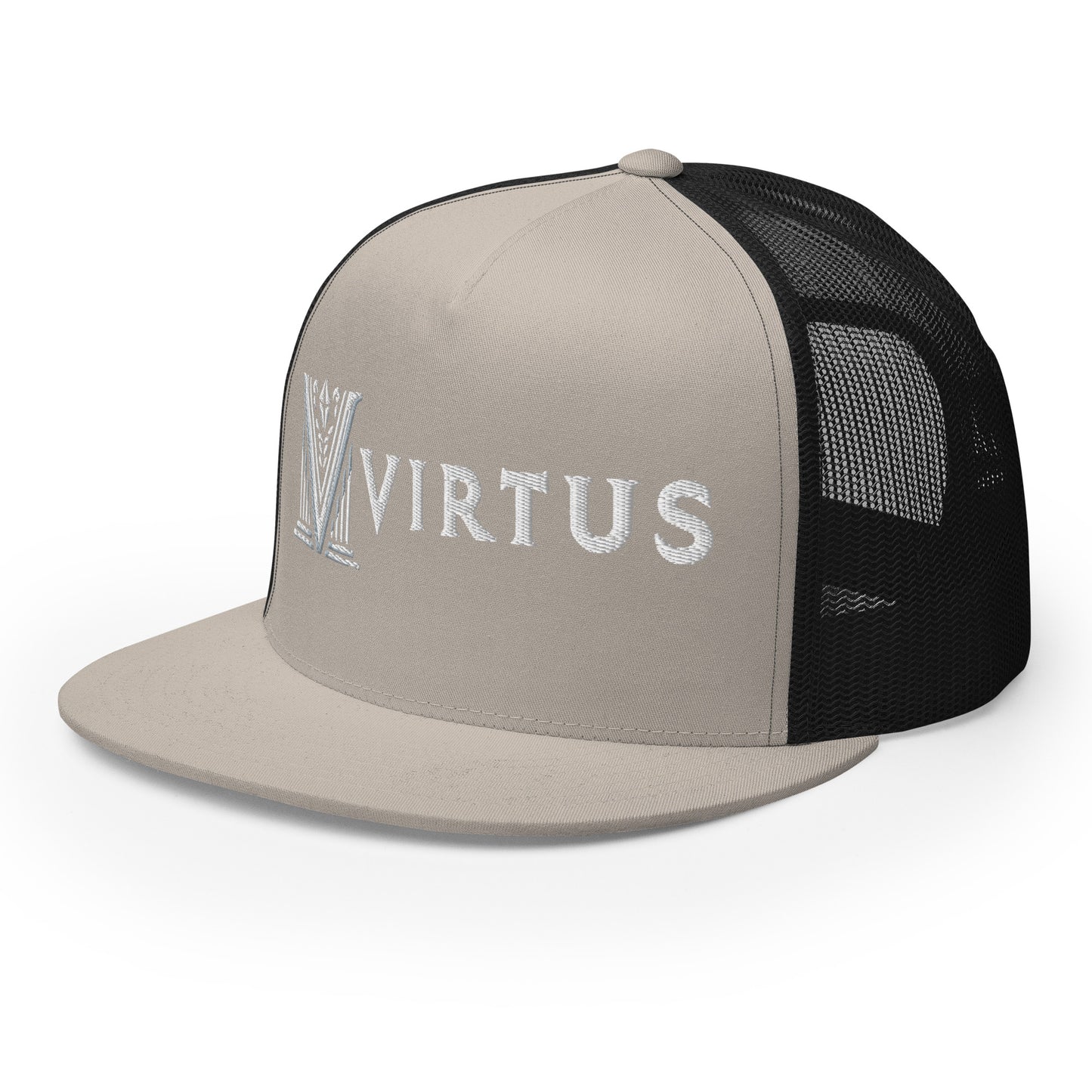 Embroidered - White Virtus Flat Billed Trucker Hat