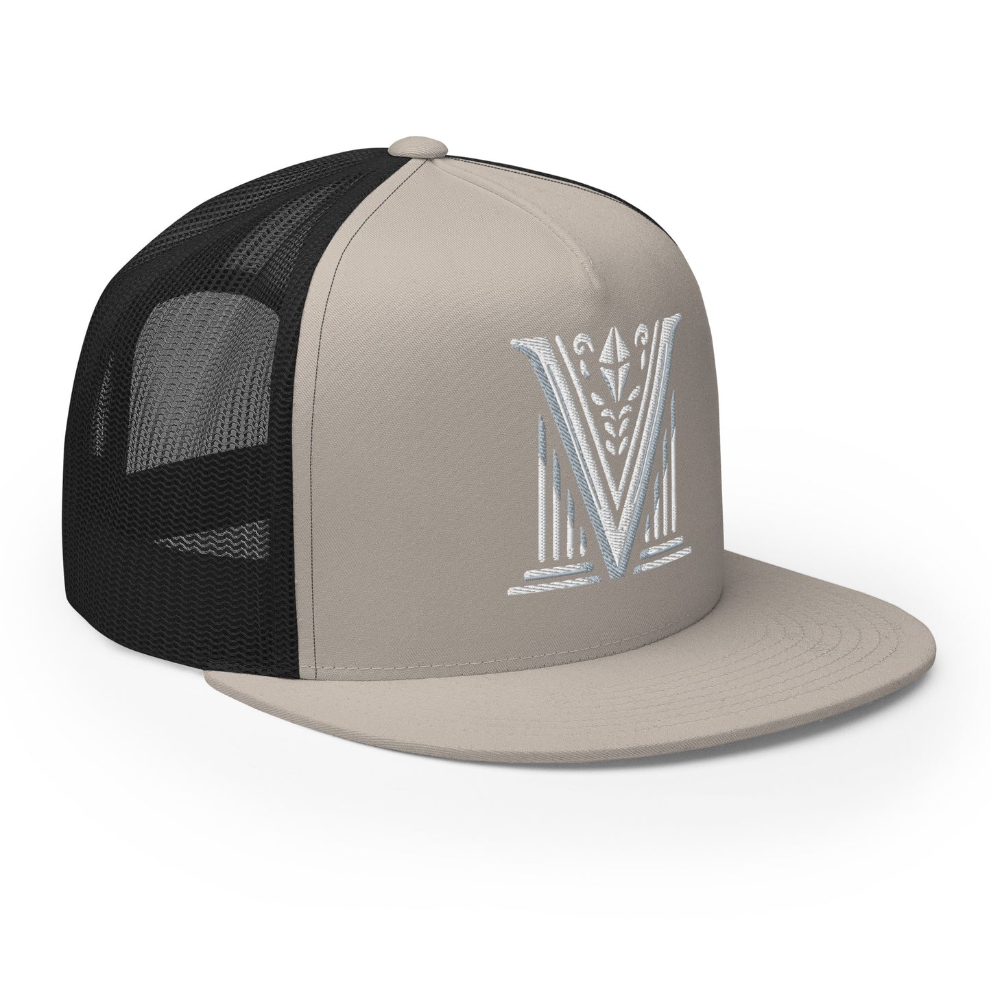 Embroidered - White Virtus Logo Flat Billed Trucker Hat