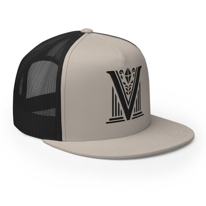 Embroidered - Black Virtus Logo Flat Billed Trucker Hat