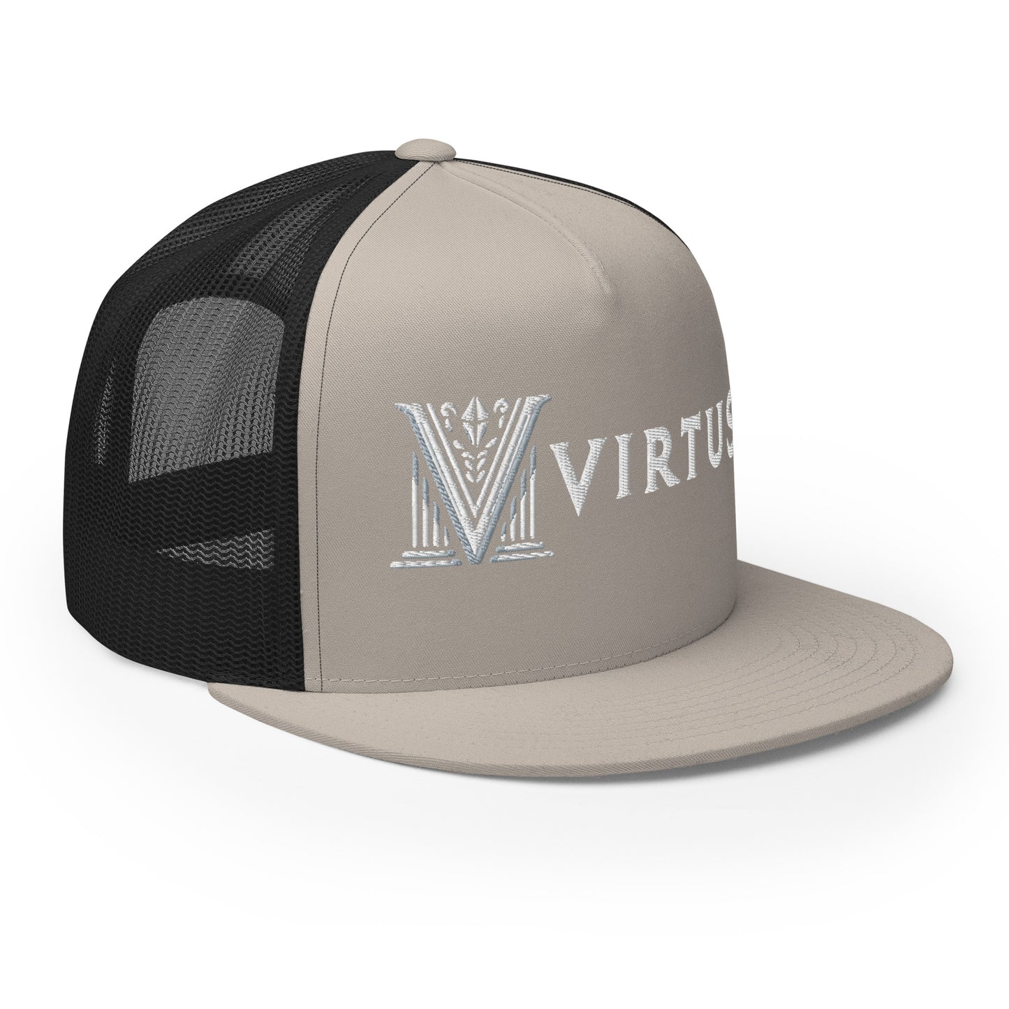 Embroidered - White Virtus Flat Billed Trucker Hat