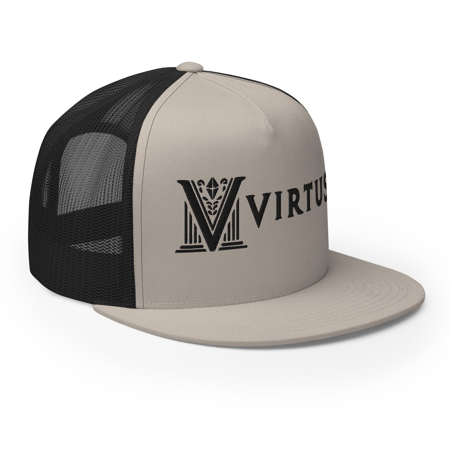 Embroidered - Black Virtus Flat Billed Trucker Hat