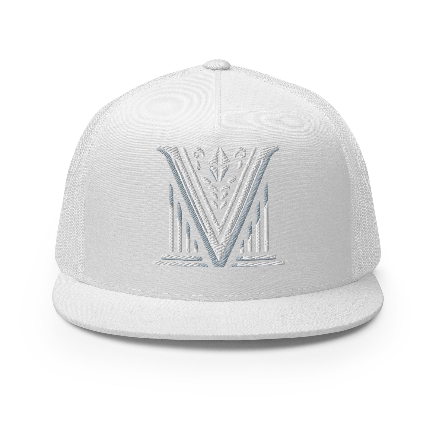 Embroidered - White Virtus Logo Flat Billed Trucker Hat