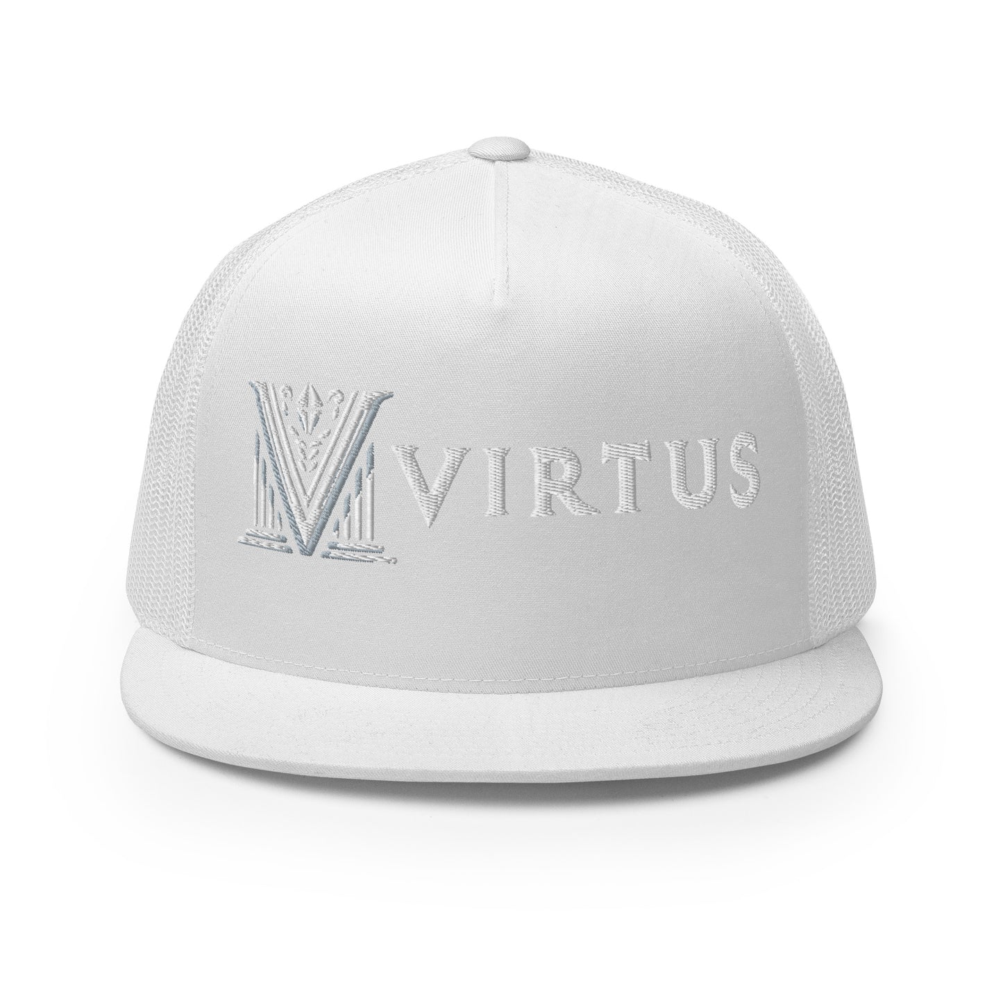 Embroidered - White Virtus Flat Billed Trucker Hat