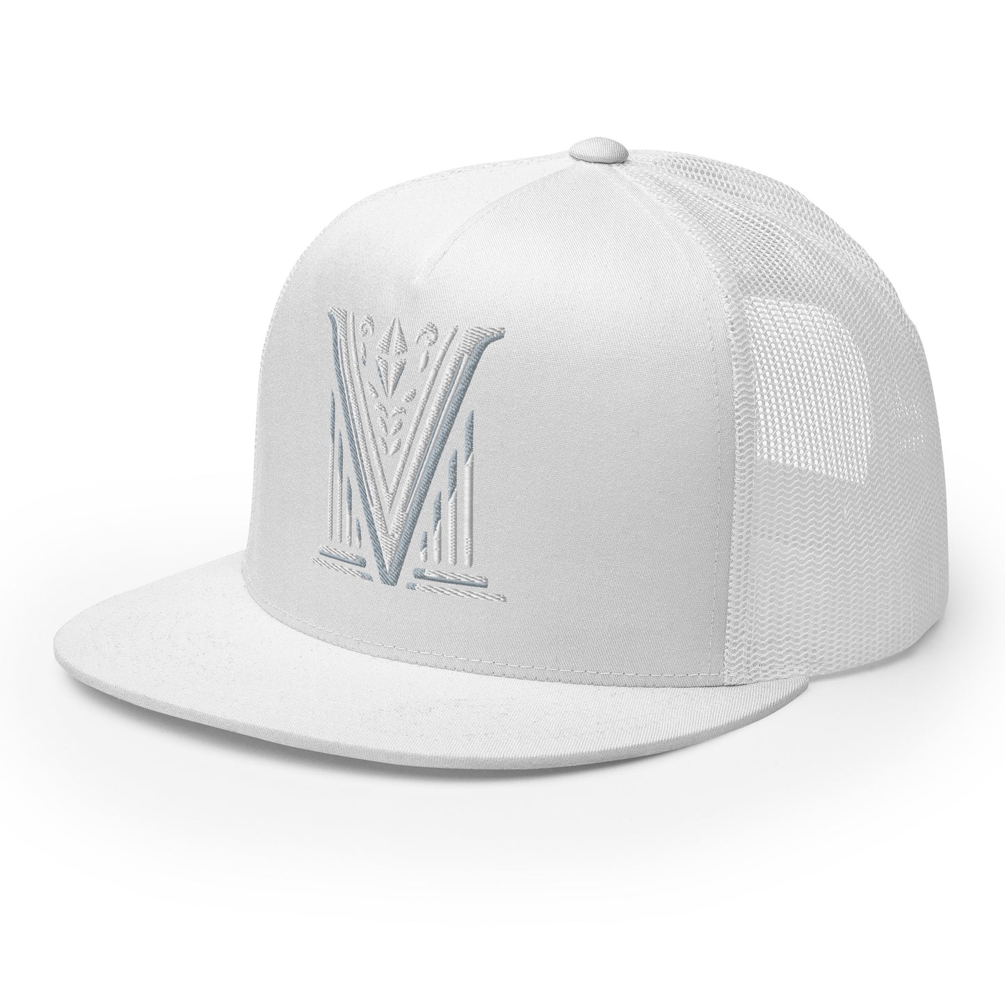 Embroidered - White Virtus Logo Flat Billed Trucker Hat