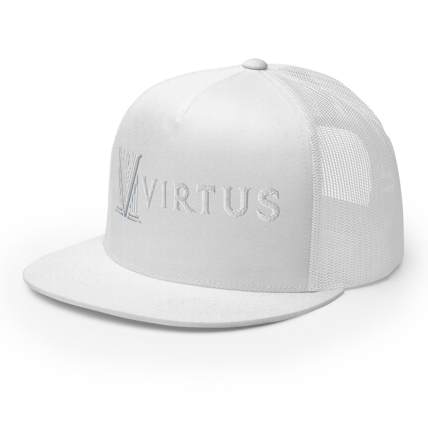 Embroidered - White Virtus Flat Billed Trucker Hat