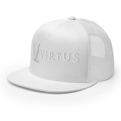 Embroidered - White Virtus Flat Billed Trucker Hat