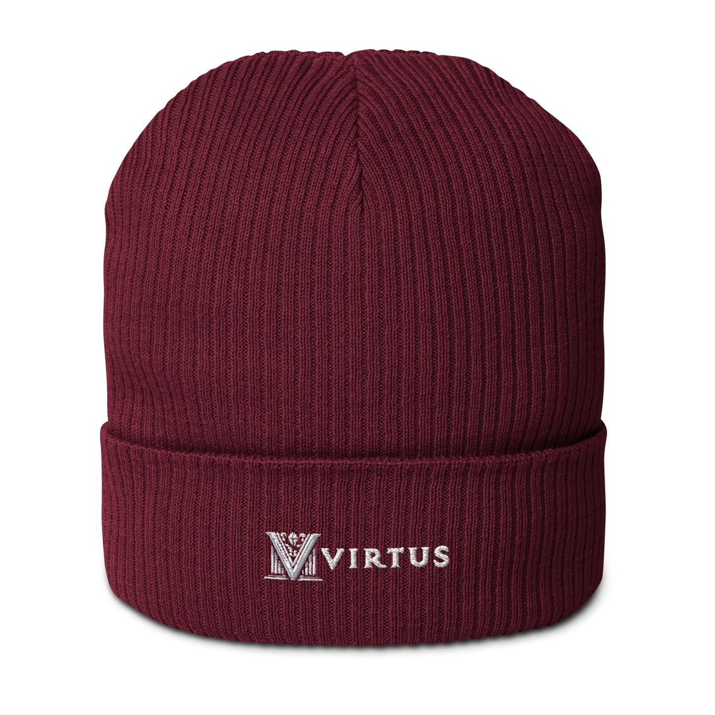 Embroidered - White Virtus Logo Organic Ribbed Beanie