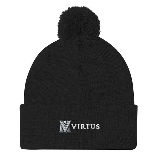 Embroidered - White Virtus Logo Pom-Pom Beanie