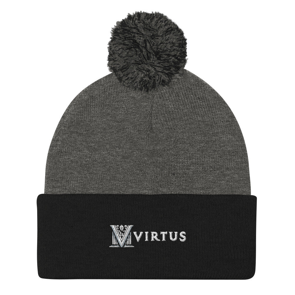 Embroidered - White Virtus Logo Pom-Pom Beanie