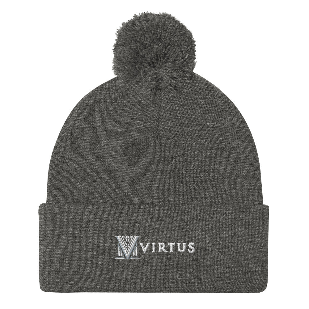 Embroidered - White Virtus Logo Pom-Pom Beanie