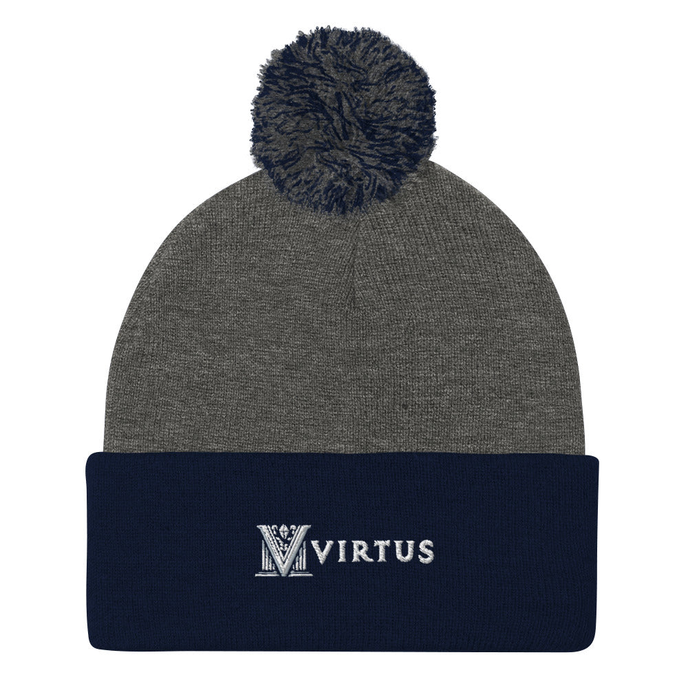 Embroidered - White Virtus Logo Pom-Pom Beanie