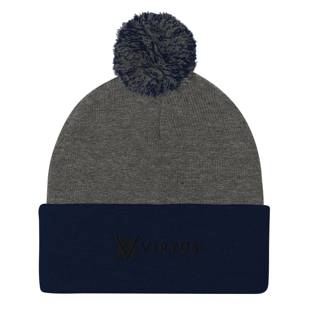 Embroidered - Black Virtus Logo Pom-Pom Beanie