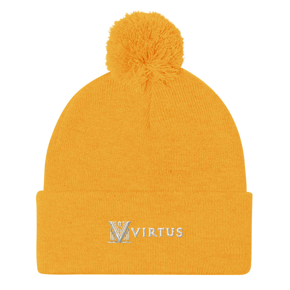 Embroidered - White Virtus Logo Pom-Pom Beanie