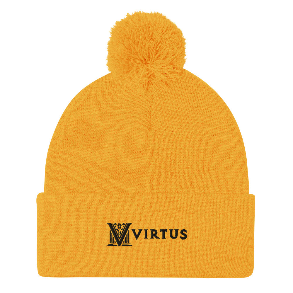 Embroidered - Black Virtus Logo Pom-Pom Beanie