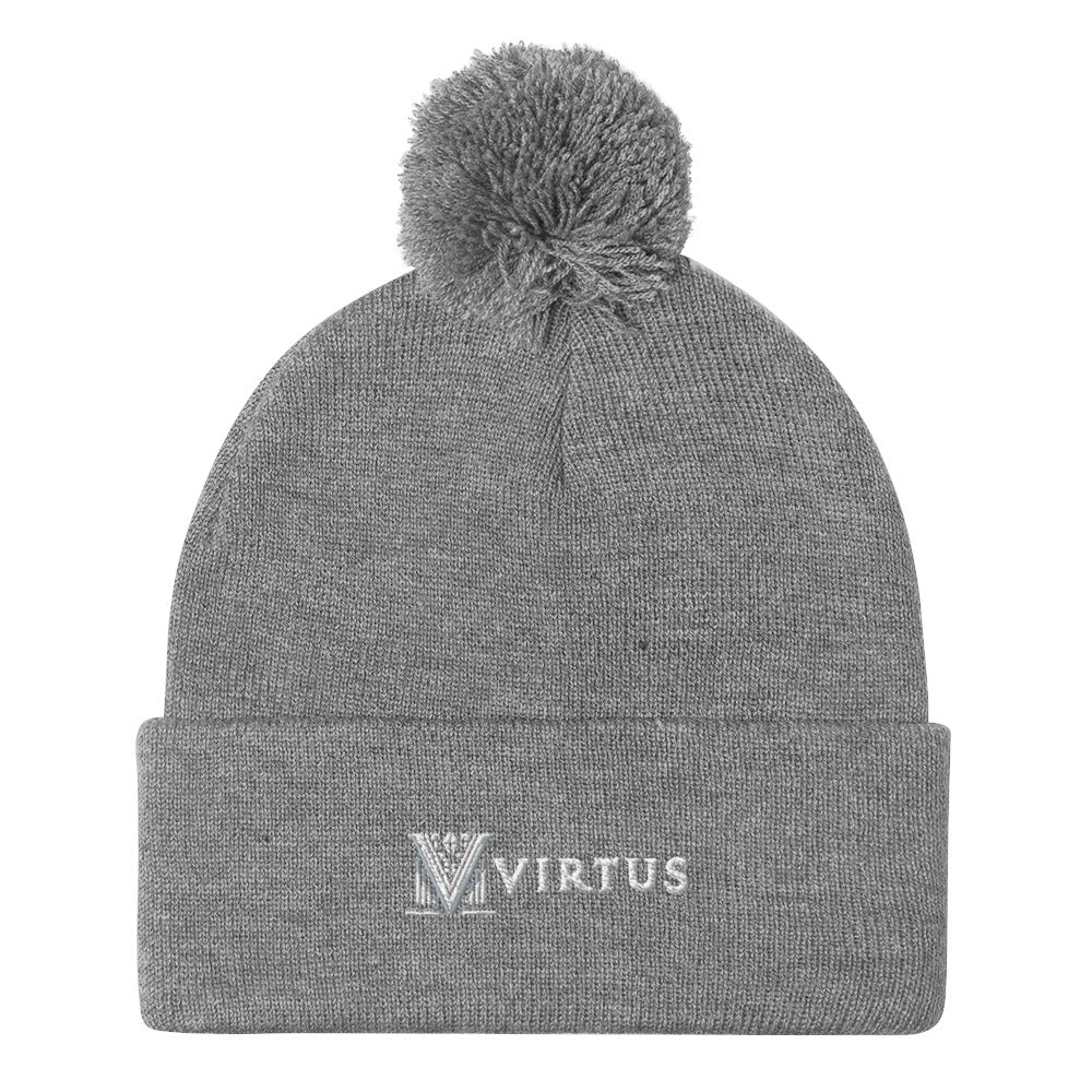 Embroidered - White Virtus Logo Pom-Pom Beanie