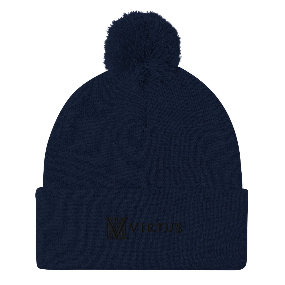 Embroidered - Black Virtus Logo Pom-Pom Beanie