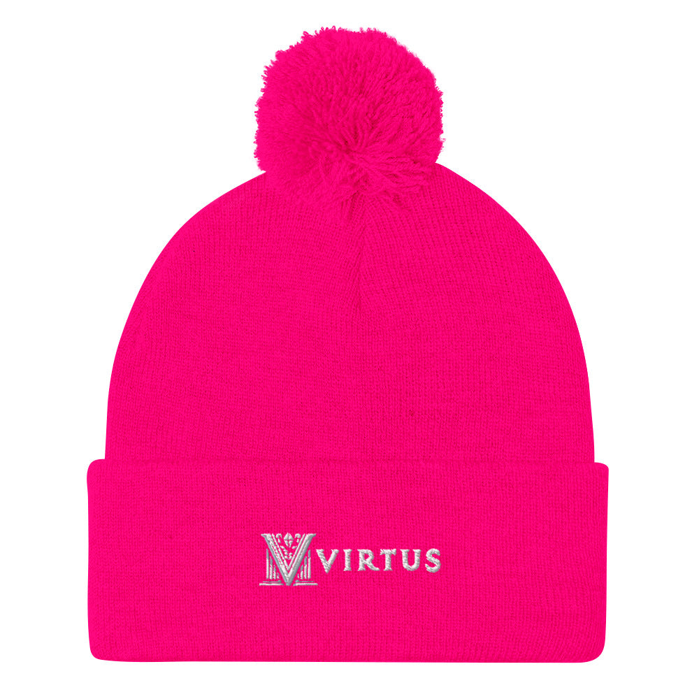 Embroidered - White Virtus Logo Pom-Pom Beanie