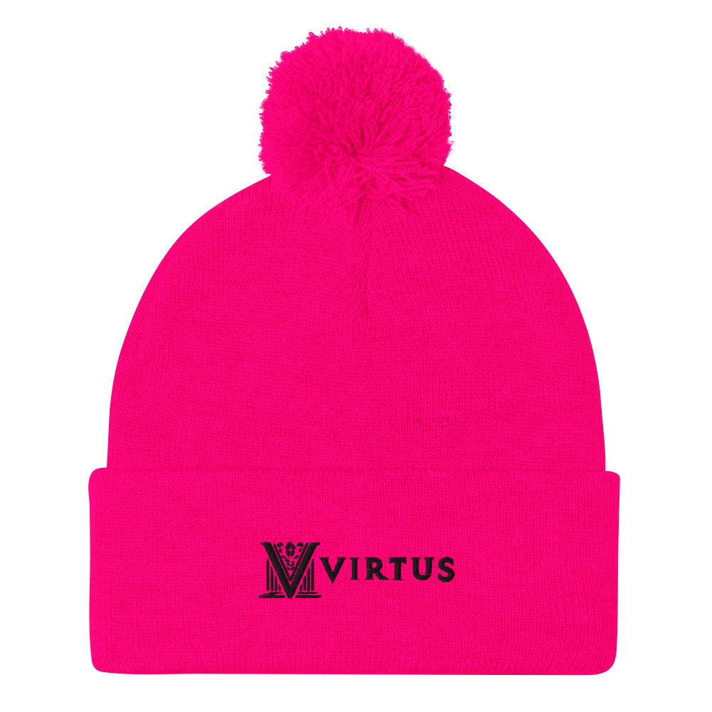 Embroidered - Black Virtus Logo Pom-Pom Beanie