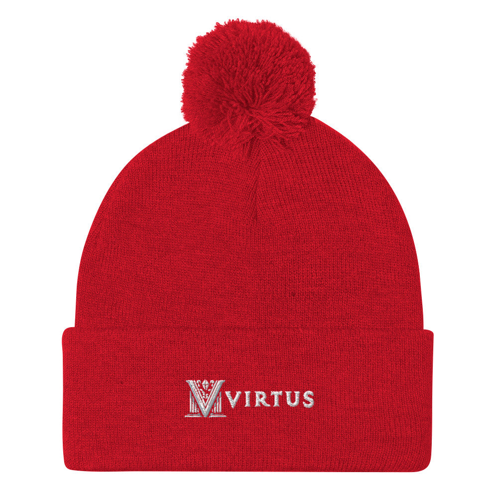 Embroidered - White Virtus Logo Pom-Pom Beanie