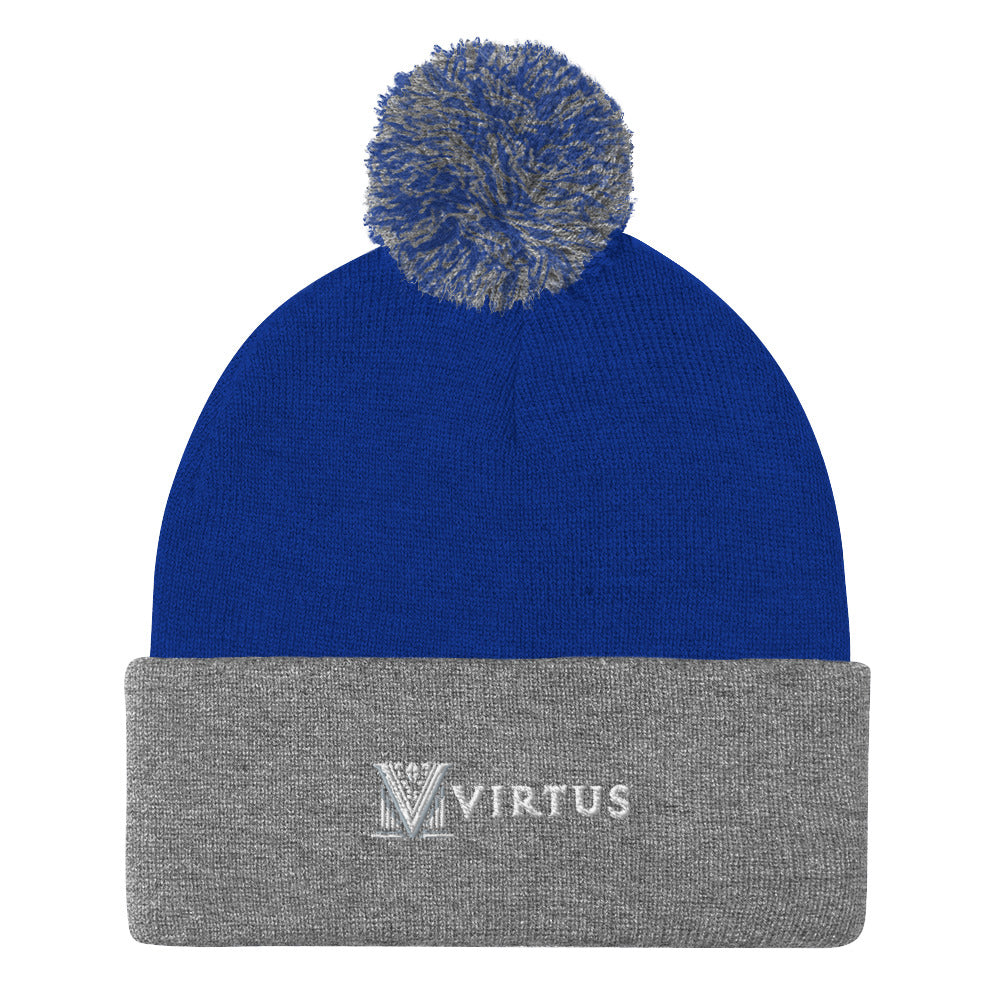 Embroidered - White Virtus Logo Pom-Pom Beanie