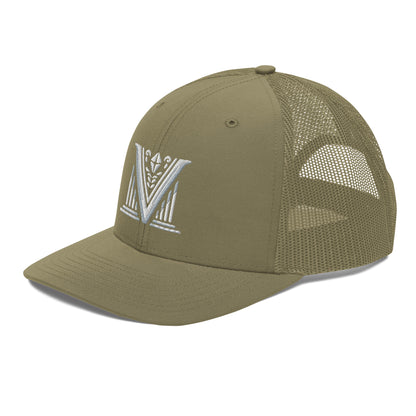 Embroidered - White Virtus Logo Snapback Trucker Hat